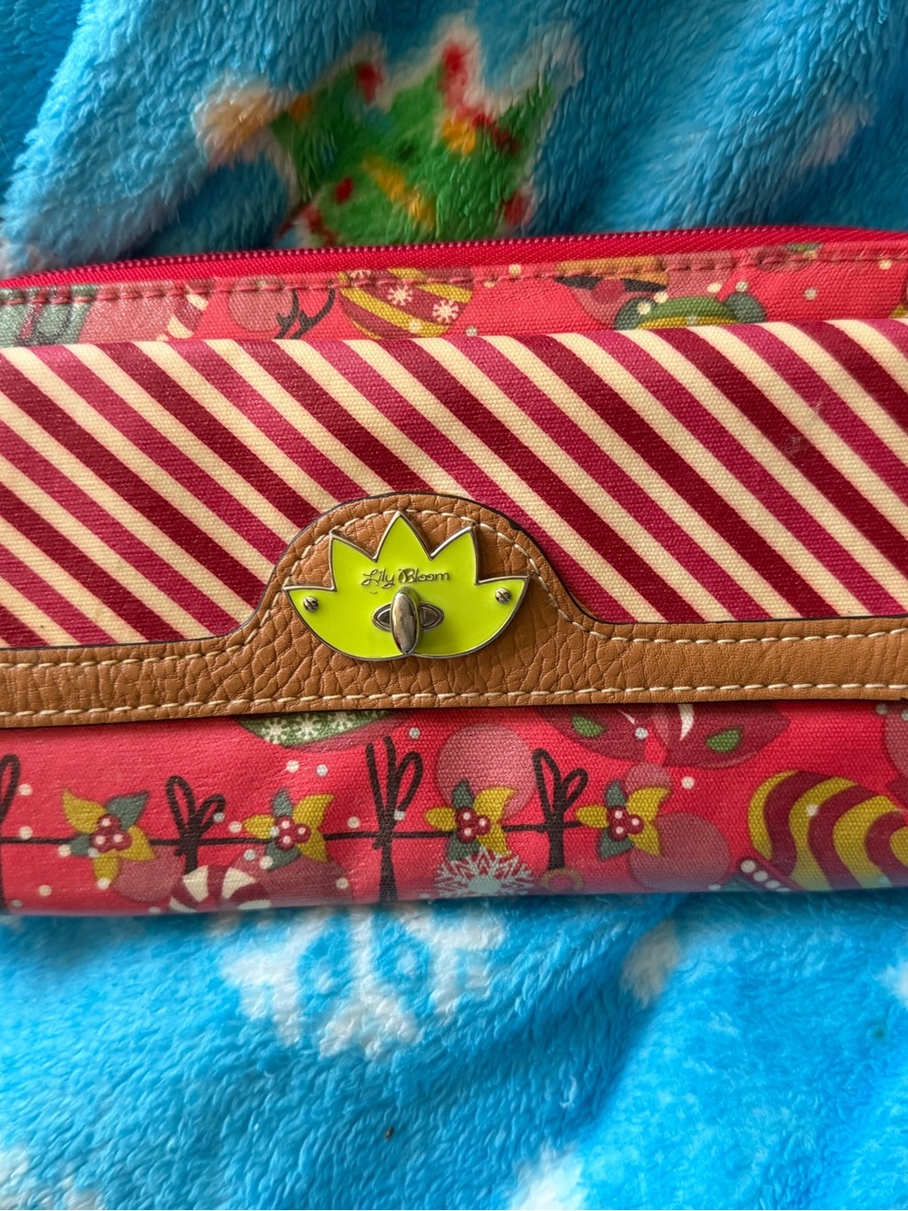 Lily Bloom Pink Floral Stripe Wallet with Lime Accent and Brown Trim